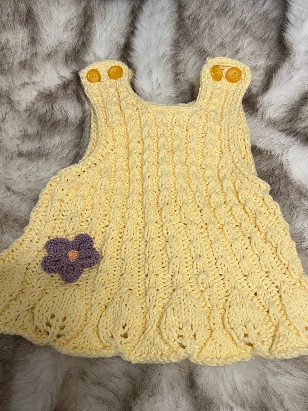 Handmade Yellow Crochet Baby Dress with Purple Flower